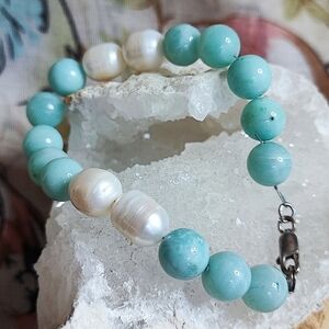 Amazonite Stone Potato Pearls Sterling Clasp Wired Artisan Bracelet